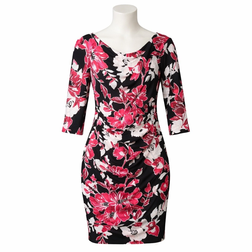 White House Black Market Dress M Floral Ruched Cowl Neck Sheath Pink Black White